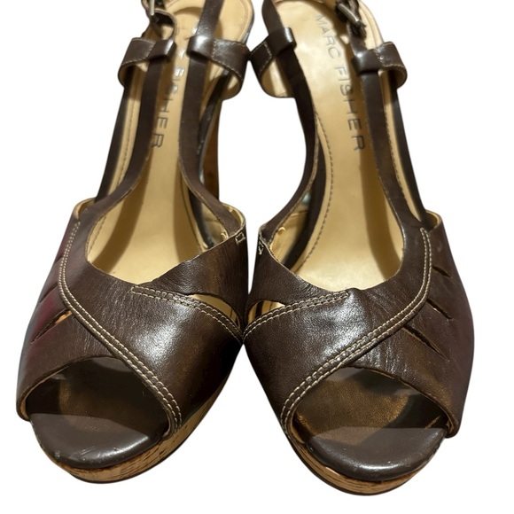 Marc Fisher Women’s 8.5 Brown Leather Cork Platform Slingback Heels Shoes - Picture 4 of 12